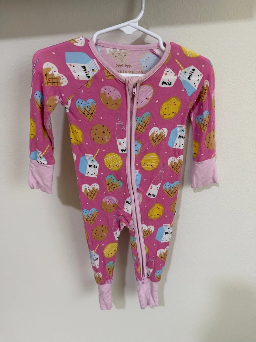 Little Sleepies Pink Snack & Milk/ Waffle Print Zippered Footie